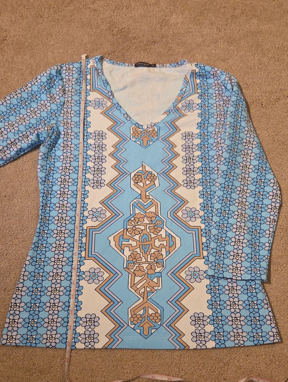 J.McLaughlin Blue Patterned V-Neck XS Top